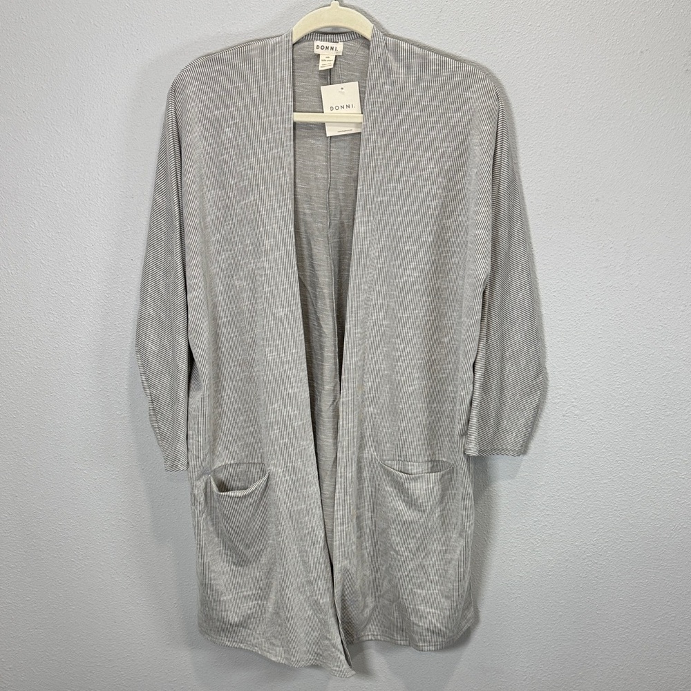 DONNI. Heathered Gray ribbed Open-Front Pocket Cardigan OSFA